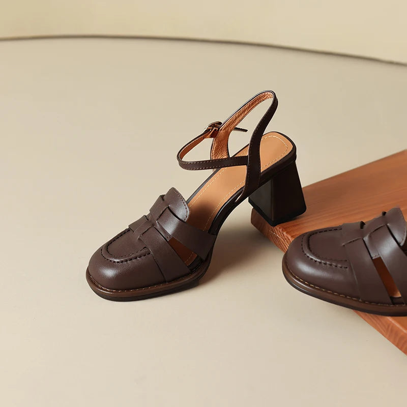 2026 New Size 34-43 Retro Genuine Leather Retro Sandals Woman Top Quality Ladies Buckle Summer Shoes Thick High Heels Sandals