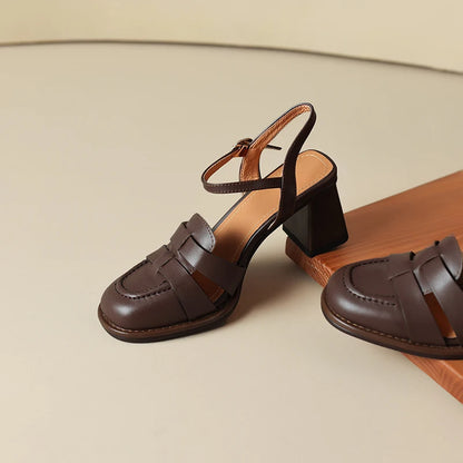 2026 New Size 34-43 Retro Genuine Leather Retro Sandals Woman Top Quality Ladies Buckle Summer Shoes Thick High Heels Sandals