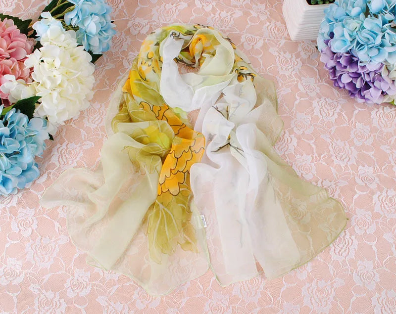 Elegant Beautiful Gradient Peony Chiffon Georgette Bandana Scarf Women Foulard Summer Beach Sunscreen Thin Hijab