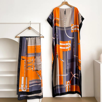 Summer Fashion Kaftan Dress for Women with Big Scarf Loose Abaya Muslim Style African Casual Print Shawl Robe - New 2026