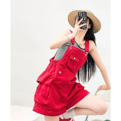 Red Denim Overalls for Women Summer Adjustable Straps Loose Wide Leg Shorts Solid Color Casual Streetwear Short Rompers