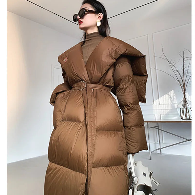 High end Ultra long White goose down Jacket For women Winter 2025 New Fashion Down Coat Female Thicken Parka Overcoat with belt