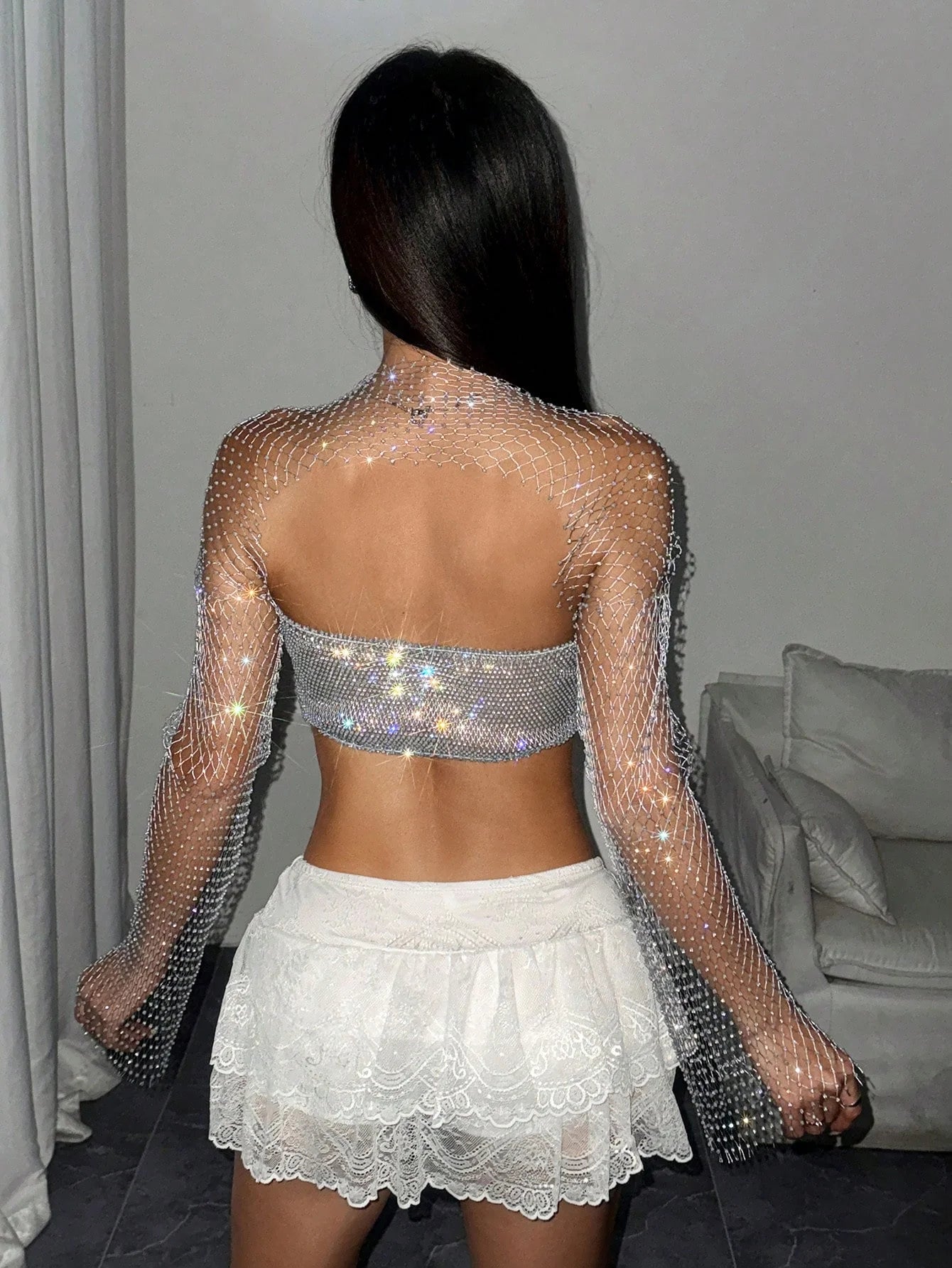 Glitter Rhinestone Long Sleeve T Shirt Sexy See Through Hollow Out Fishnet Mesh Backless Crop Tops Nightclub Party Tank Top