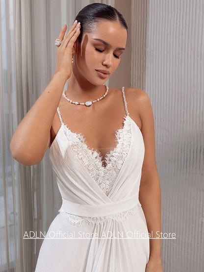 Summer Wedding Dress Customized Spaghetti Straps V Neck Pleat Lace Sweep Train A Line Chiffon Bridal Gown Beach Bride Dresses