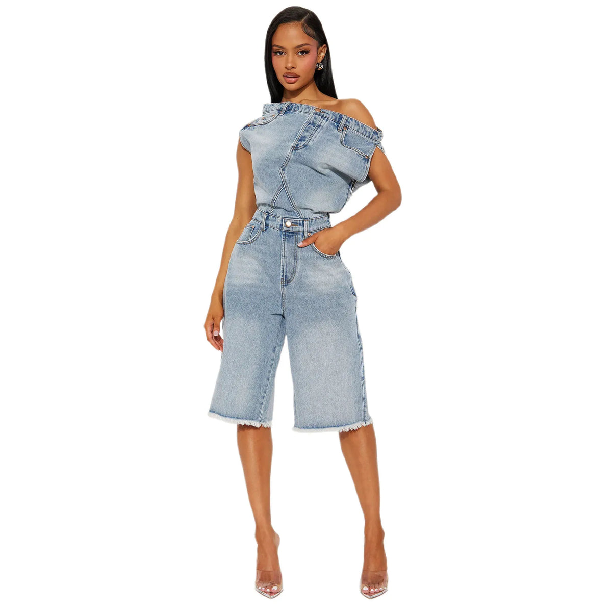 Jumpsuits Women Denim One Piece Short Sleeve Overalls Knee Length Pants Tight Waist Rompers Y2k Streetwear Slash Neck 2026
