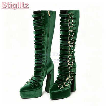 Blue Velvet Irregular Buckle Knee-high Boots Pointed  Toe Side Zipper Chunky High Heels Boots 2026 Summer New Women Punk Shoes