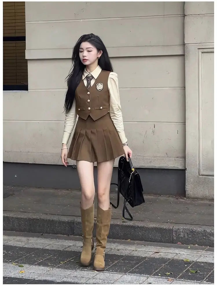 2024 england style uniform jk set suit autumn new suit waistcoat long sleeve shirt pleated skirt fashion three-piece women w753