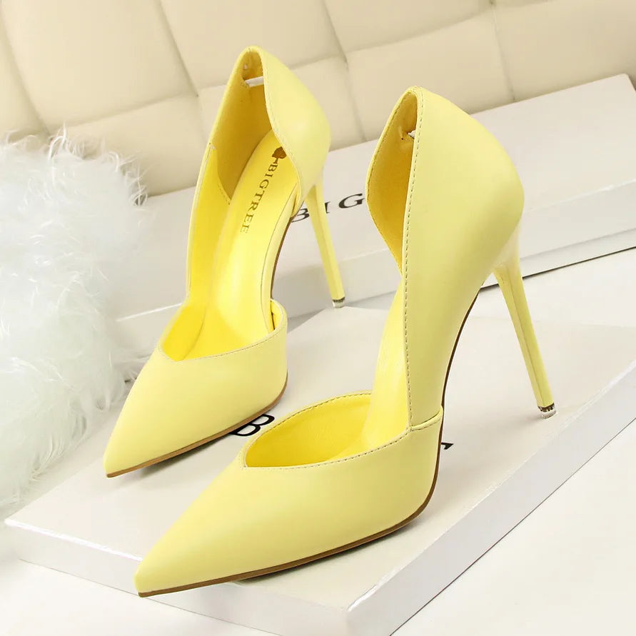 Summer Women 10.5cm High Heels Leather Pumps Female Escarpins Elegant Sweet Yellow Pink Stiletto Lady Wedding Heels Hollow Shoes