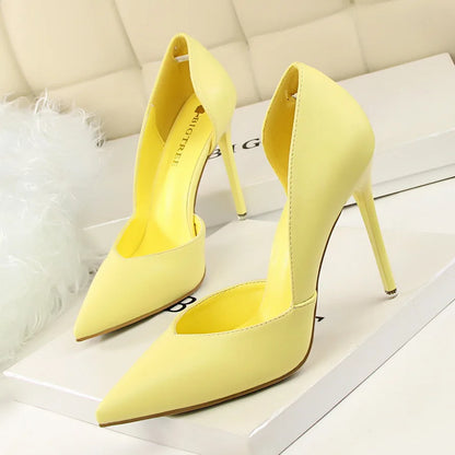 Summer Women 10.5cm High Heels Leather Pumps Female Escarpins Elegant Sweet Yellow Pink Stiletto Lady Wedding Heels Hollow Shoes