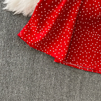 Summer Women Polka Dot Long Dress Vintage V-Neck Flying Sleeve High Waist Single Breasted A-Line Casual Vestidos Female Robe New