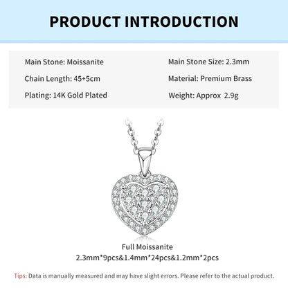 Rrjzz Full Moissanite Heart Shaped Pendant Necklace for Women D-Color Halo Round Imitation Diamond Elegant Necklace Jewelry Gift