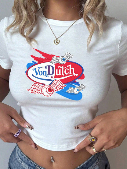 Women's Y2K Vintage Street Style Von Dutch Wing-Eye Print Fitted Short-Sleeved Short Dress