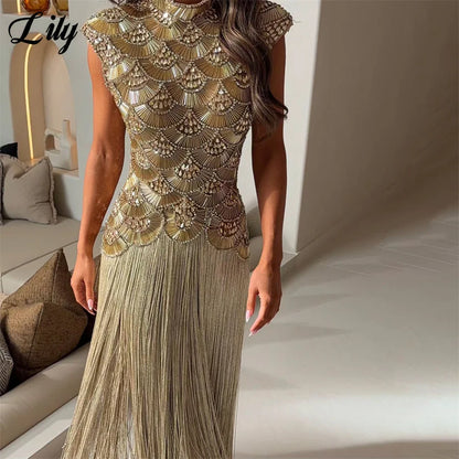 Lily Gold Evening Dress High Neck Cap Sleeve Party Dress Crystal Mermaid Vestidos De Fiesta Tassel Luxury Prom Gowns Customized