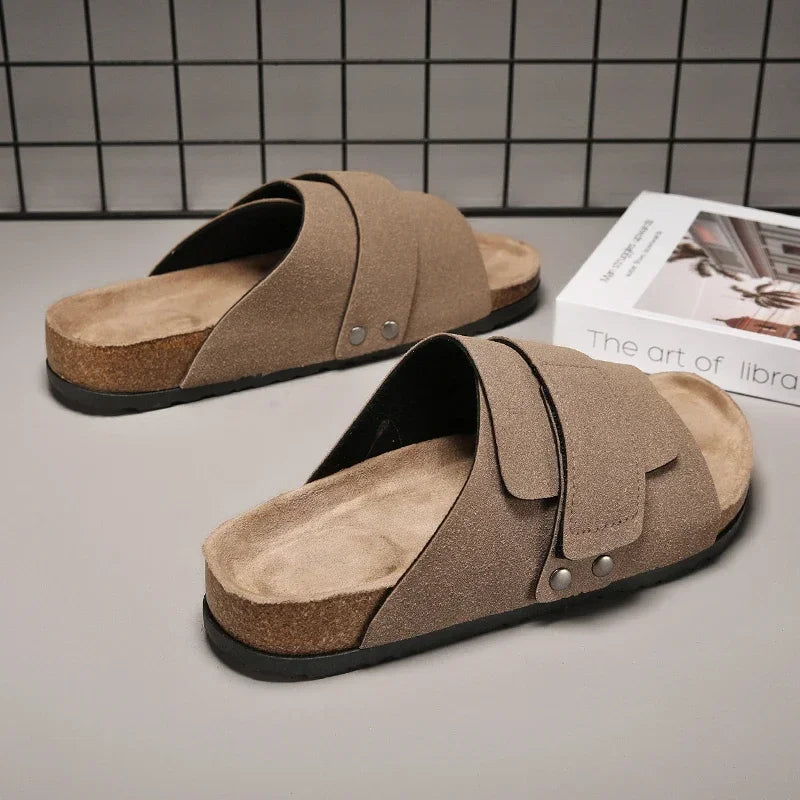 Cork Slippers Men Summer Beach Slides Suede Leather Womens Flat Sandals Fashionable Outdoor Male Mules Non Slip Babouche Femm