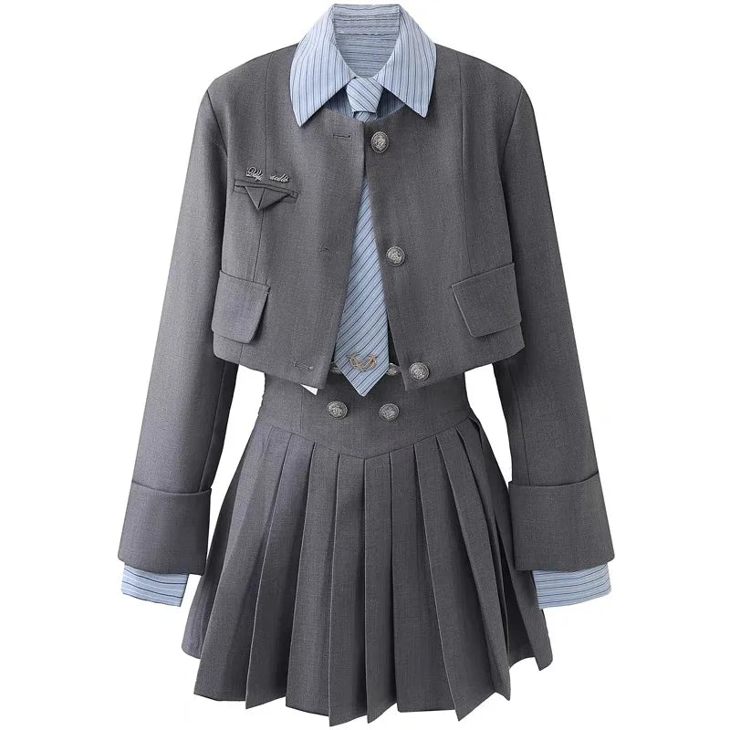 Spring 2025 Preppy Style American Uniform Set Girls Short Suit Coat Long Sleeve Striped Shirt Slim High Waist Pleated Skirt Grey