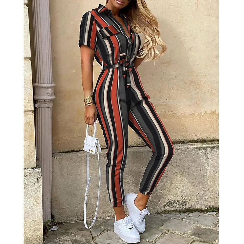 2025 New Women's Jumpsuit Casual Workwear Summer Romper with Print Button-up Lapel Waist Belt Slim Fit One Piece Pants Set Fashi