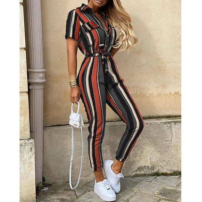 2025 New Women's Jumpsuit Casual Workwear Summer Romper with Print Button-up Lapel Waist Belt Slim Fit One Piece Pants Set Fashi