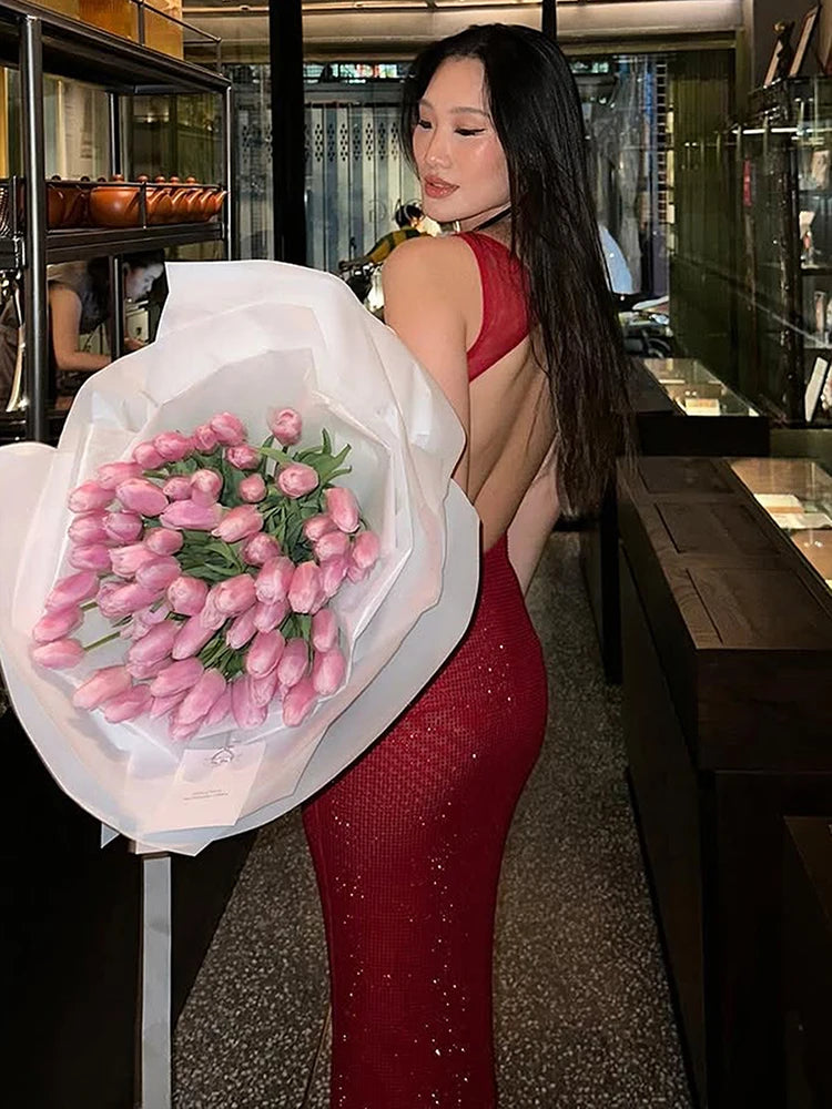 Nibber Low-Neck print Stretch Backless Sequin Dress Women Sexy Sleeveless Skinny Elegant Fashion Party chic Club Maxi Bodycon