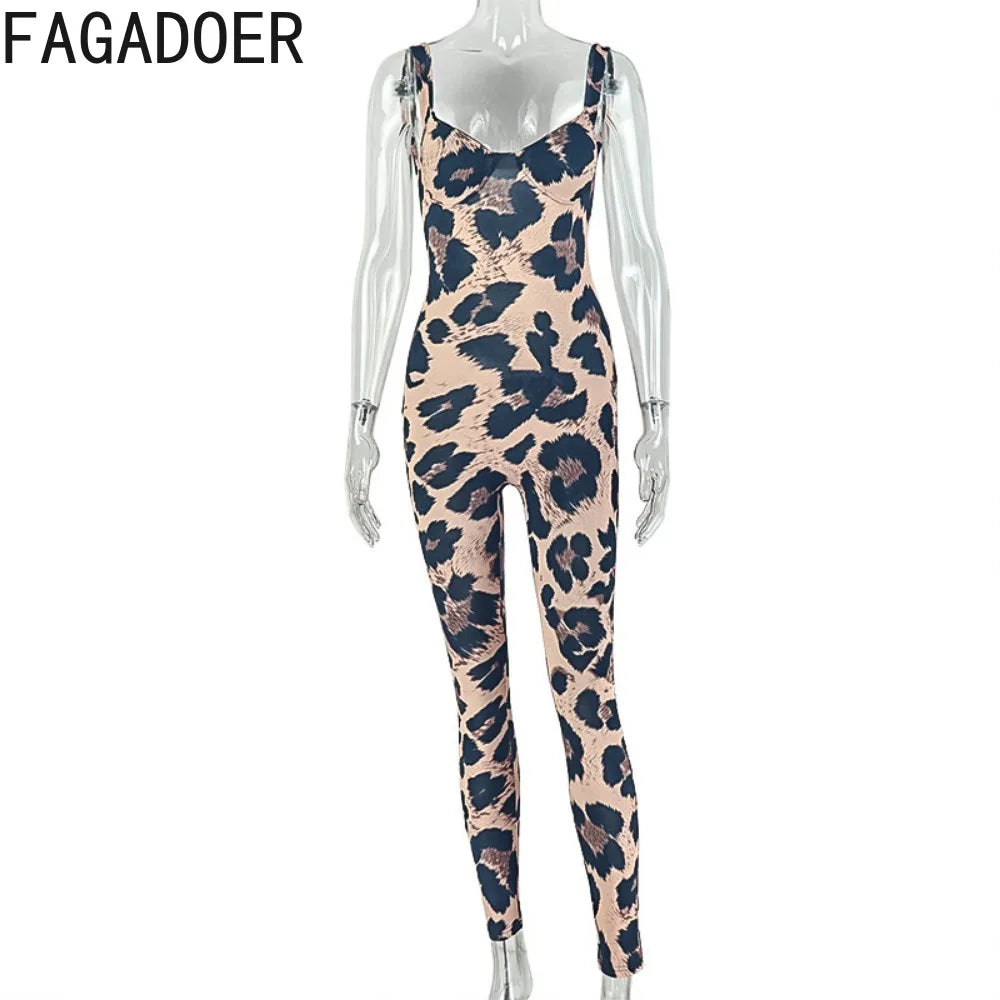 FAGADOER 2026 Sexy Leopard Print Bodycon Jumpsuits Women Fashion Spaghetti Strap Backless Rompers Streetwear Club Playsuits New