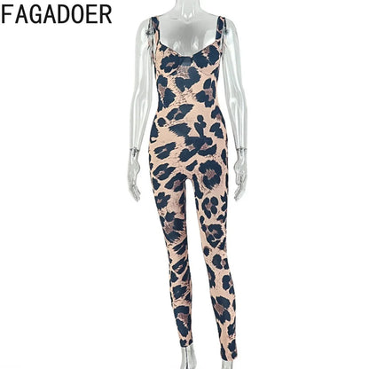 FAGADOER 2026 Sexy Leopard Print Bodycon Jumpsuits Women Fashion Spaghetti Strap Backless Rompers Streetwear Club Playsuits New