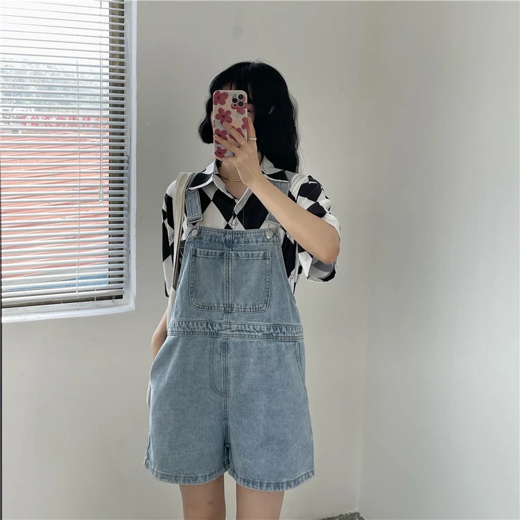 Women's Denim Overalls Short Trousers Wide Leg Loose Fit Thin Jumpsuit Korean Style for Petite Ladies Casual Clothing