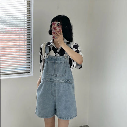 Women's Denim Overalls Short Trousers Wide Leg Loose Fit Thin Jumpsuit Korean Style for Petite Ladies Casual Clothing