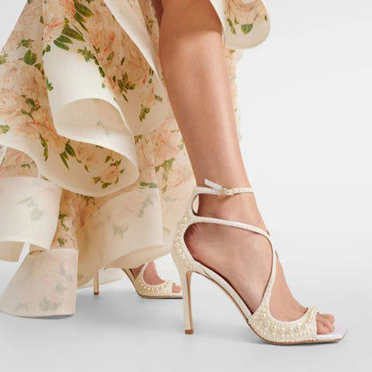 2025 Summer New Luxury White Pearls Decorated Women's Sandals Ankle Straps High Heels Square Toe Party Wedding Sexy Femme Shoes