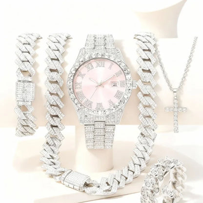 Men Pink Dial Iced Out Watch Jewelry Set Bling Rhinestone Watch Cuban Bracelet Cross Necklace Hip Hop Gift