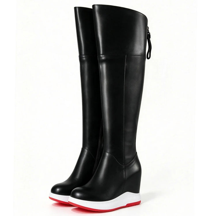 Winter Warm Chunky Sneakers Women Genuine Leather Wedges High Heel Over The Knee Snow Boots Female Platform Pumps Casual Shoes