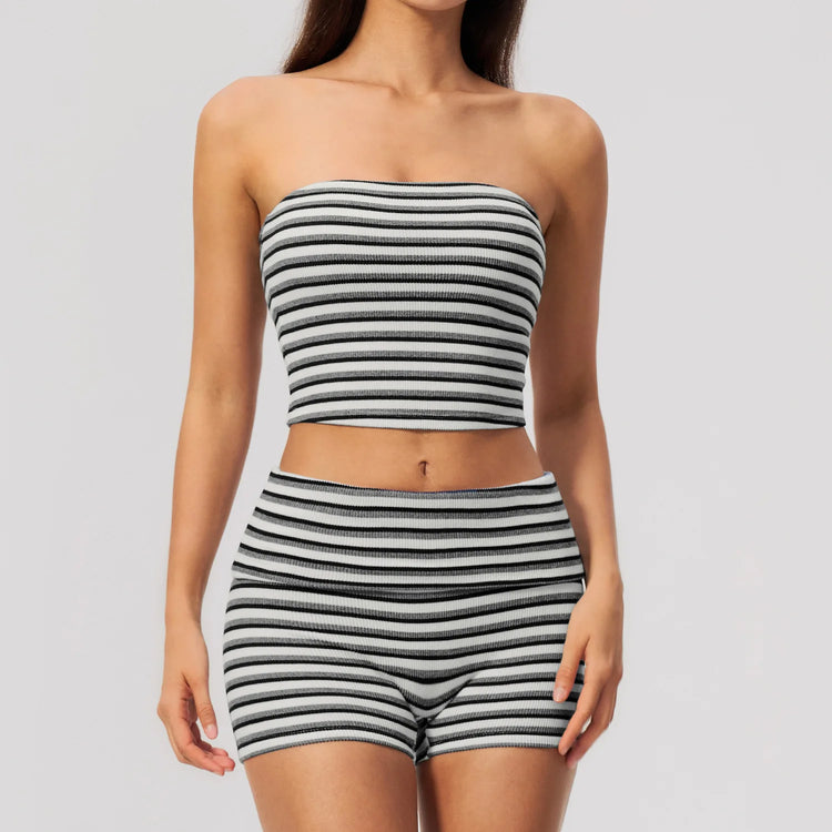 Women 2/3pcs Yoga Set Gym Clothing Fitness Suit Workout Tracksuit Outfits Ribbed Striped Strapless Tube Top Zipper Long Sleeve