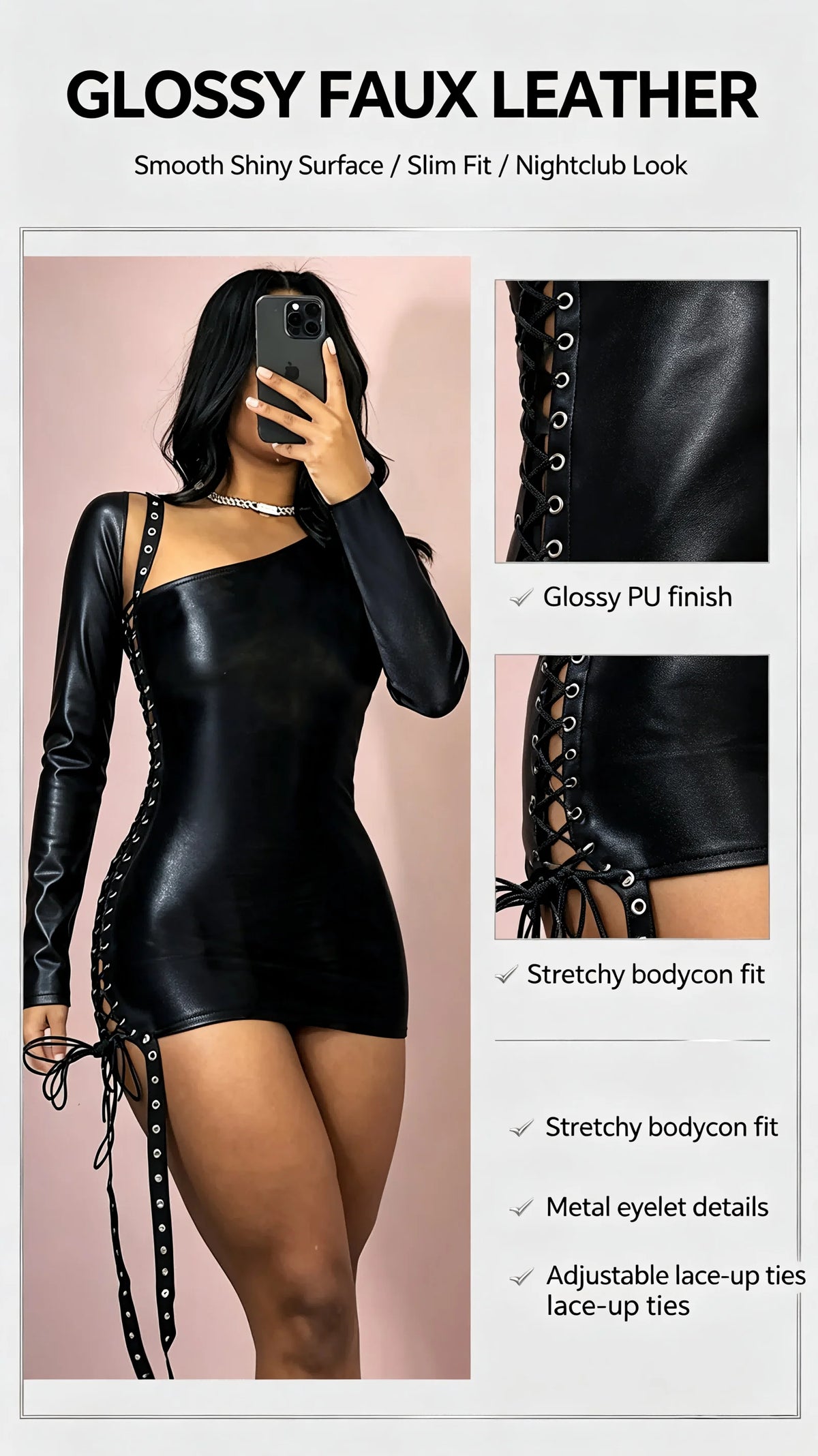 Sexy Black One-Shoulder Strap Dress with Long Sleeve And Bodycon Skirt for Women Fashionable Trendy Mini Dress