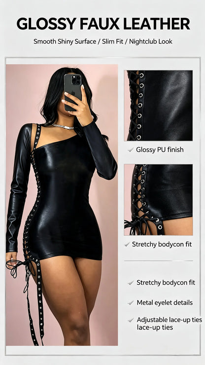 Sexy Black One-Shoulder Strap Dress with Long Sleeve And Bodycon Skirt for Women Fashionable Trendy Mini Dress