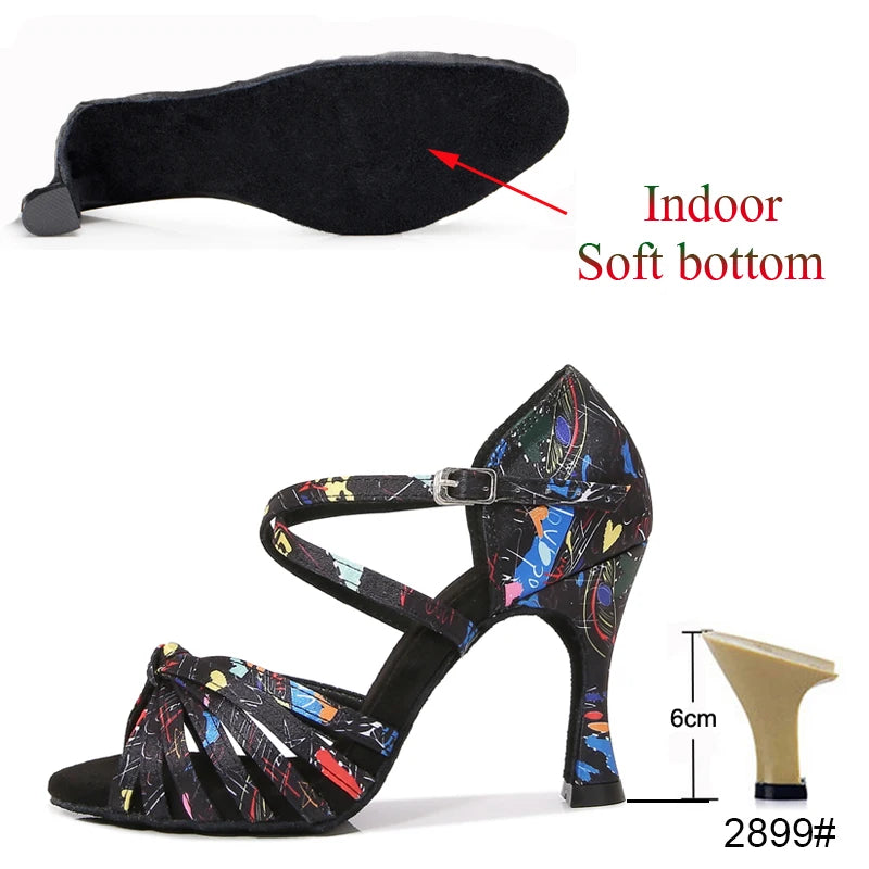 Latin Dance Shoes Women's Flower Satin Salsa Tango Ballroom Party High Heel Women's Shoes Summer Dance Sneakers Outdoor Sandals