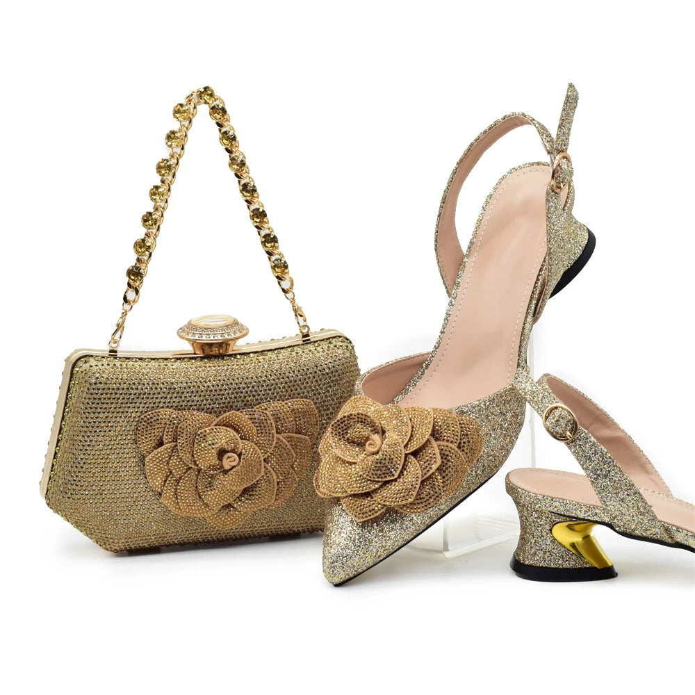Fashion Shoe and Bag Set for Nigeria Party Italy Luxury Italian Shoes and Bag Set for Women Rhinestone Pumps Women Shoes Luxury