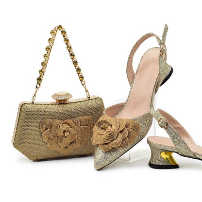 Fashion Shoe and Bag Set for Nigeria Party Italy Luxury Italian Shoes and Bag Set for Women Rhinestone Pumps Women Shoes Luxury