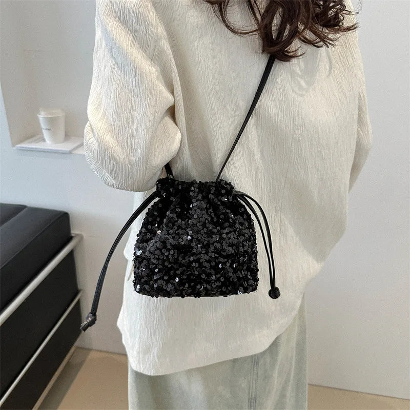 Shiny Sequin Drawstring Shoulder Bags for Women, Mini Crossbody Purse ,Sparkly Evening Handbag Suitable for Party Night Out