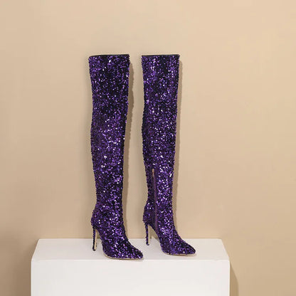 Over-the-Knee Boots for Women Pink Sequins Point Toe Boots Thin High-heeled Purple Thigh Long Boots Sexy Zip Heels Stiletto Shoe