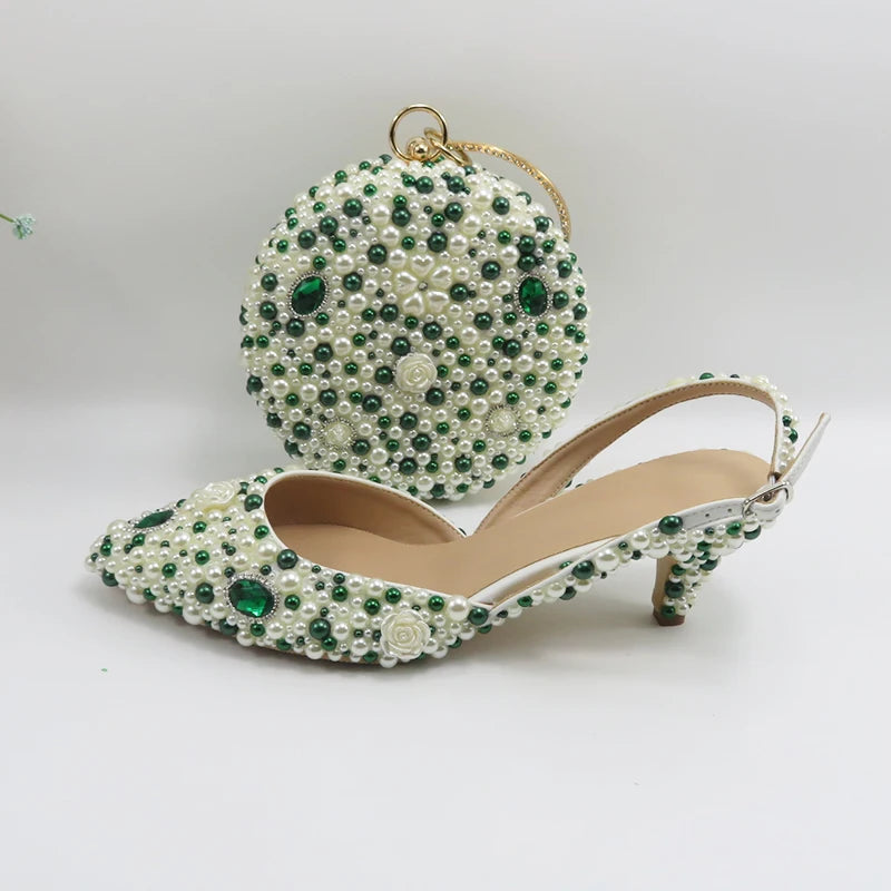 BaoYaFang Green Pointed Toe Pearl Bridal Wedding Shoes and Bag Thin Heel Slingbacks Female Ladies Party Shoe Shallow Women Shoes