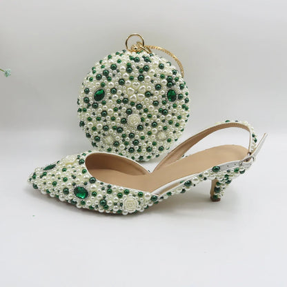 BaoYaFang Green Pointed Toe Pearl Bridal Wedding Shoes and Bag Thin Heel Slingbacks Female Ladies Party Shoe Shallow Women Shoes