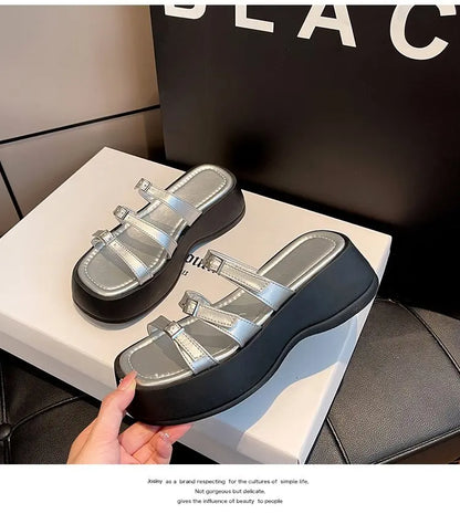Women Thicken Soled Buckle Strap Sandals Platform High Heel Shoes Ladies Cut-Out Slippers Open Toe Flipflops Silver Beach Slides
