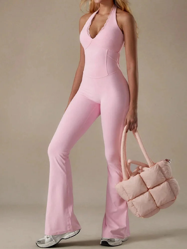 Y2K Sexy Hot Girl Fashion Lace Border Solid Color Hanging Neck Exposed Backpack Buttocks Fitness Jumpsuit for Women
