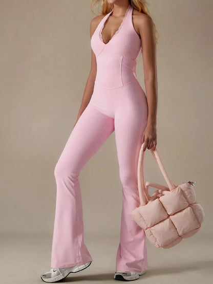 Y2K Sexy Hot Girl Fashion Lace Border Solid Color Hanging Neck Exposed Backpack Buttocks Fitness Jumpsuit for Women