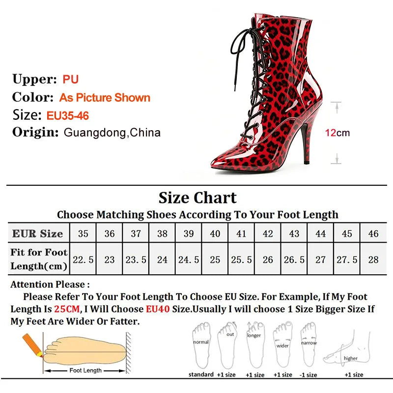 Glossy Leather Pointy Short Boots Woman 2026 New Red Leopard Print Large Size Shoes 12CM Thin Heels Boots For Party & Night Club