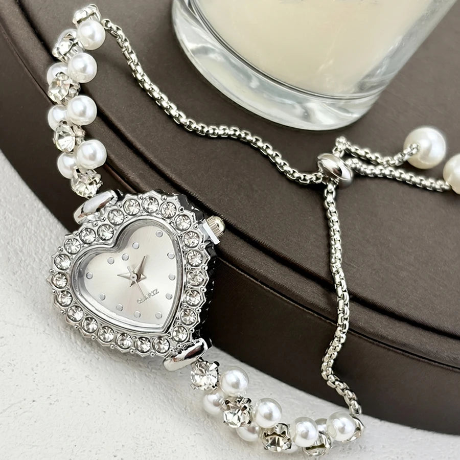 Elegant Heart-Shaped Watch with Double-Row Diamond Pearl Bracelet & Drawstring Closure