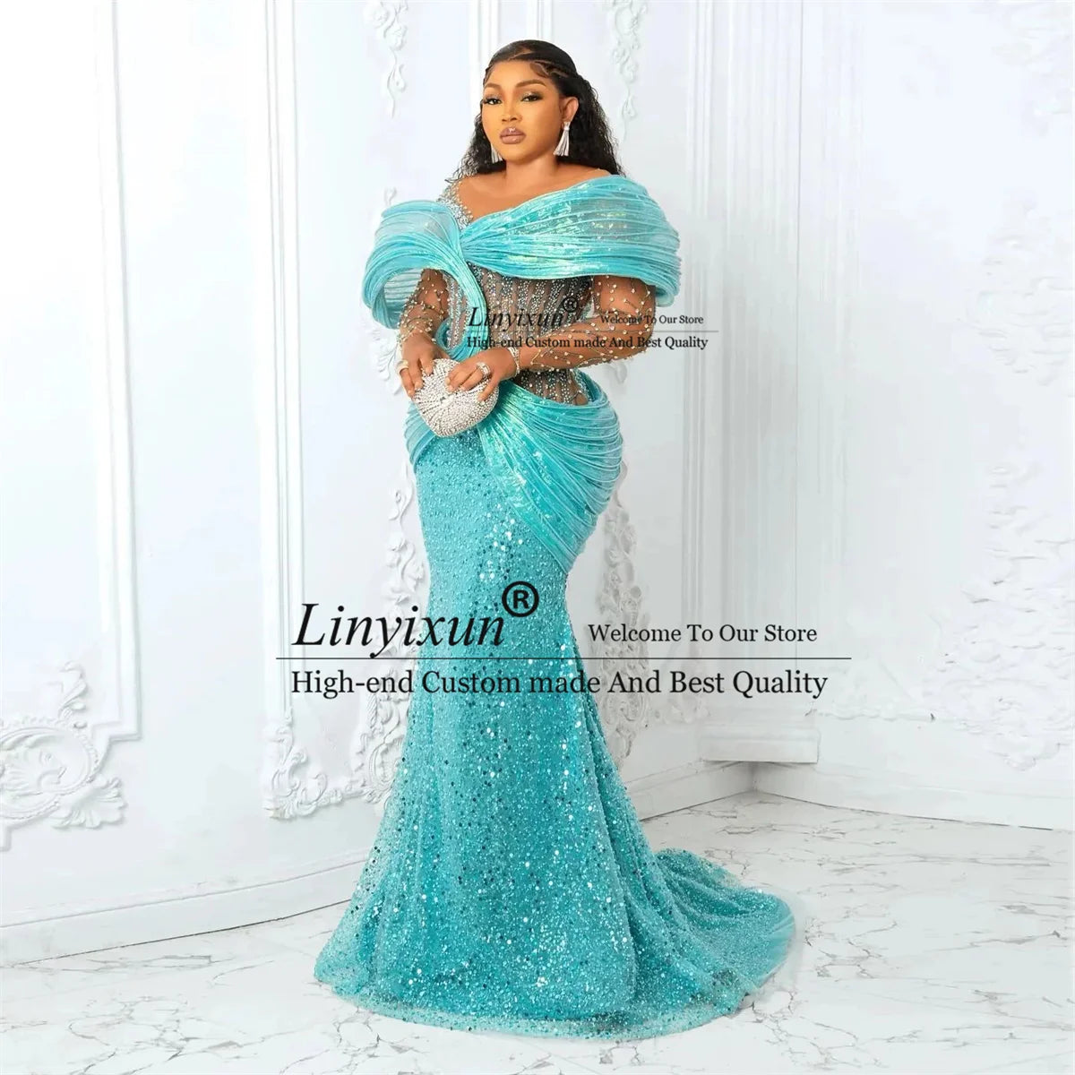 Customized Blue African Prom Dresses Plus Size 3D Pleated Off the Shoulder Evening Gowns Aso Ebi Style Wedding Reception Dress