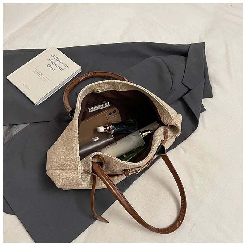 CLAREGQI  Women's Large Capacity Canvas Tote Bag, Leather Handle Shoulder Underarm Bag, Versatile Casual Commuter & Travel Handb