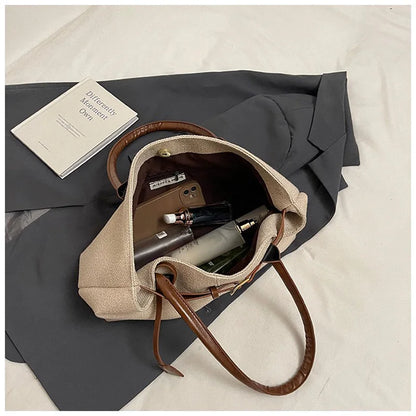 CLAREGQI  Women's Large Capacity Canvas Tote Bag, Leather Handle Shoulder Underarm Bag, Versatile Casual Commuter & Travel Handb