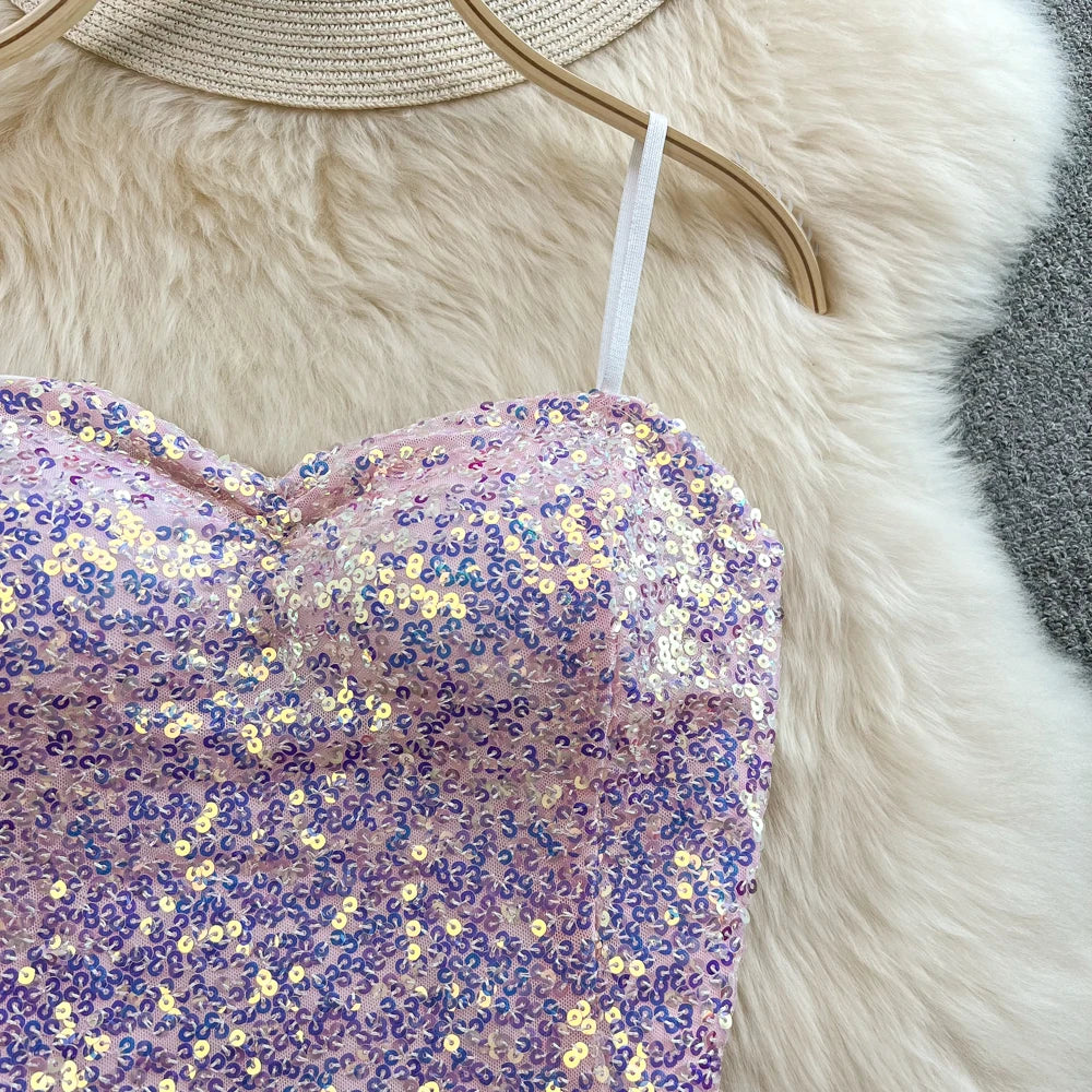 Sexy Sequin Party spaghetti Croset Bustier backless Slim Tanks and Camis Strap Glitter Crop Top Fashion Summer Women Clothes Y2k
