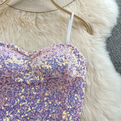 Sexy Sequin Party spaghetti Croset Bustier backless Slim Tanks and Camis Strap Glitter Crop Top Fashion Summer Women Clothes Y2k