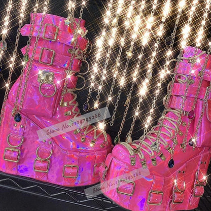 Fuchsia Patent Leather Wedged Lace-Up Ankle Boots Green Buckle Straps Metal Decor Booties Hgih Platform Pocket Nightclub Shoes